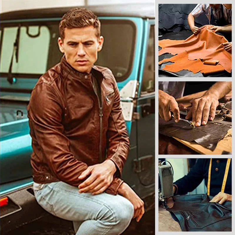 Cadeau Pour Hommes : Veste en Cuir de Motard avec Col Punk Rétro et Fermeture Éclair pour Hommes