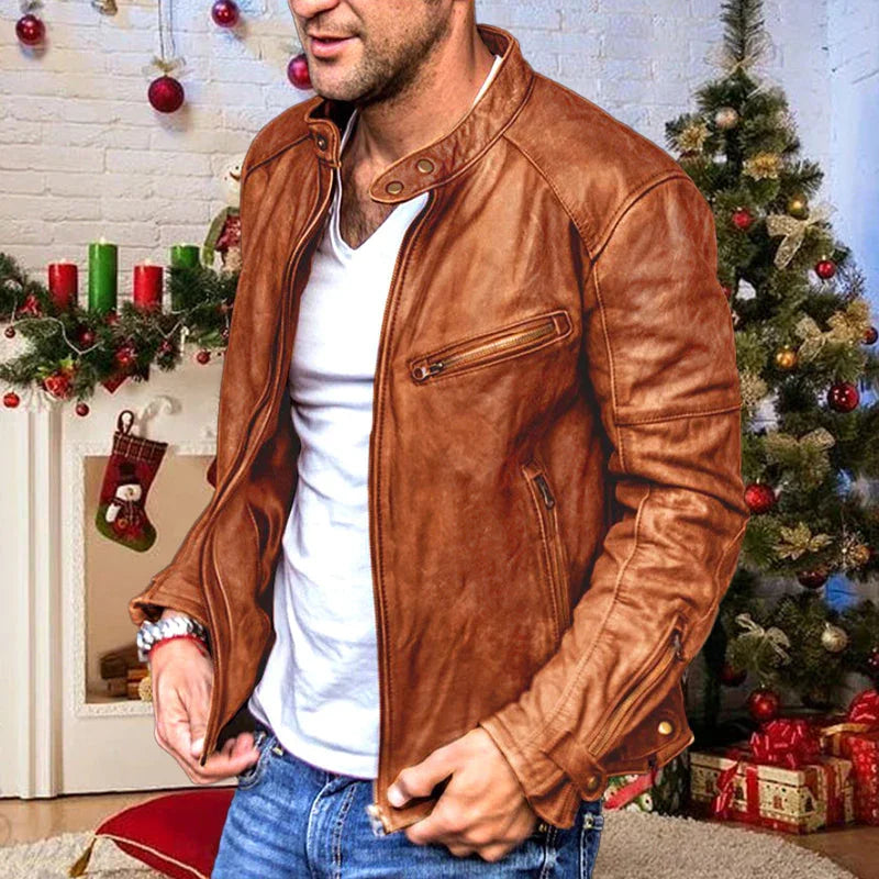 Cadeau Pour Hommes : Veste en Cuir de Motard avec Col Punk Rétro et Fermeture Éclair pour Hommes
