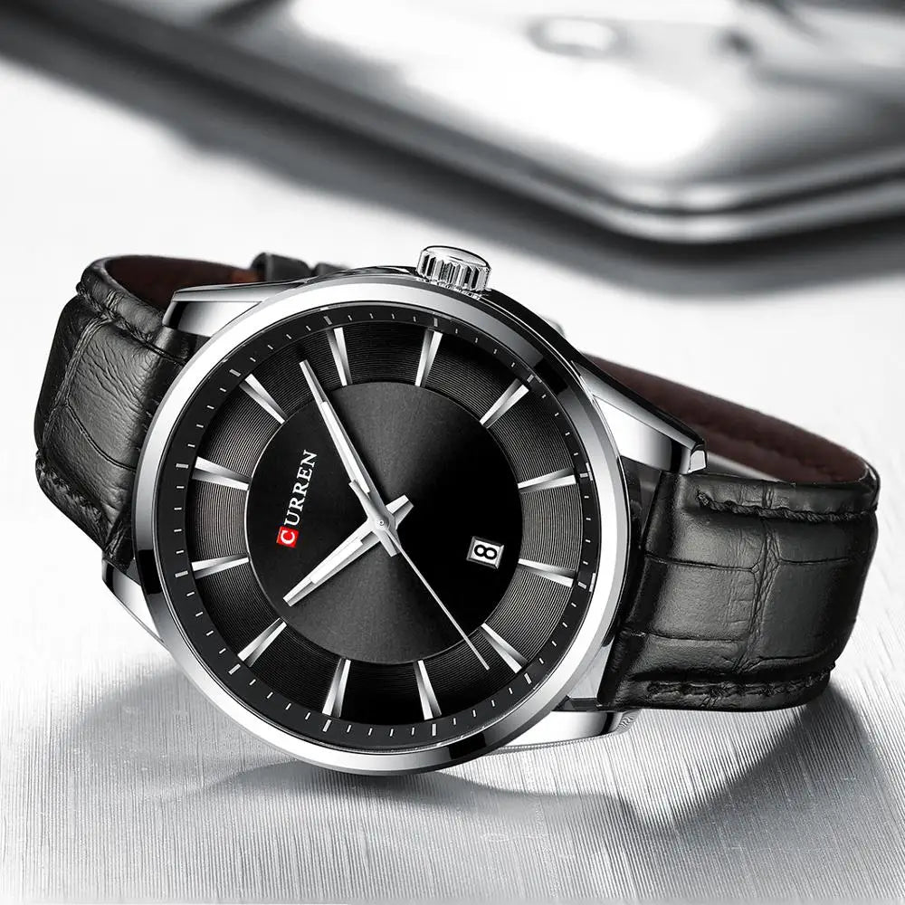 Curren classic black dial men’s watch with silver stainless case and leather strap