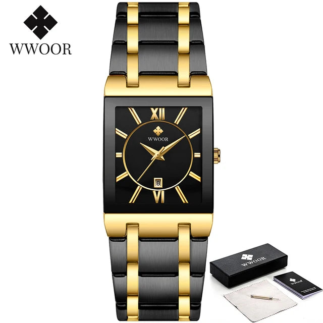 WWOOR men’s square blue dial watch with gold markers and blue steel bracelet