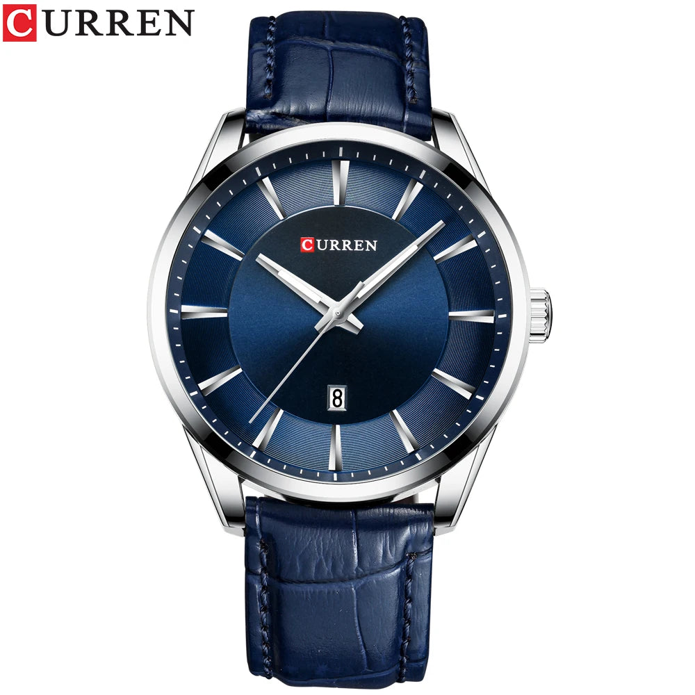 Curren classic black dial men’s watch with silver stainless case and leather strap