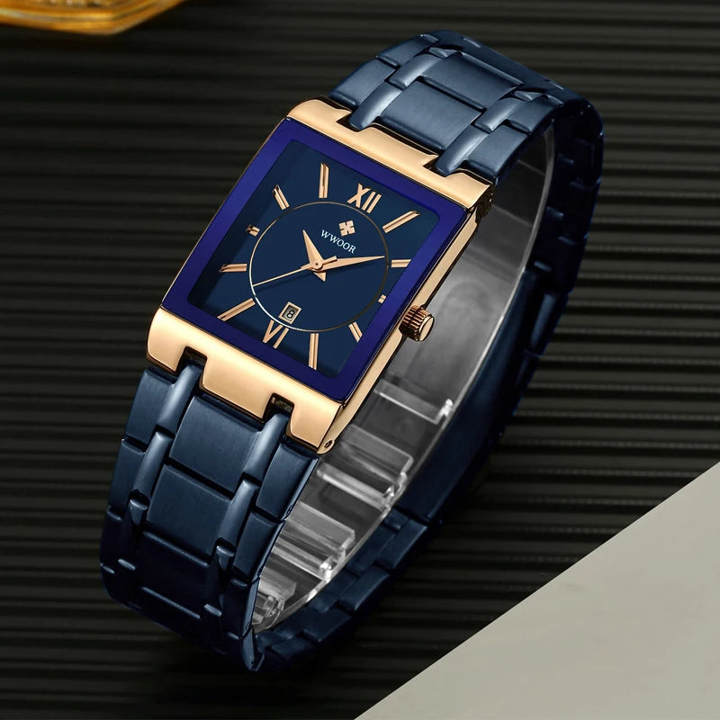 WWOOR men’s square blue dial watch with gold markers and blue steel bracelet