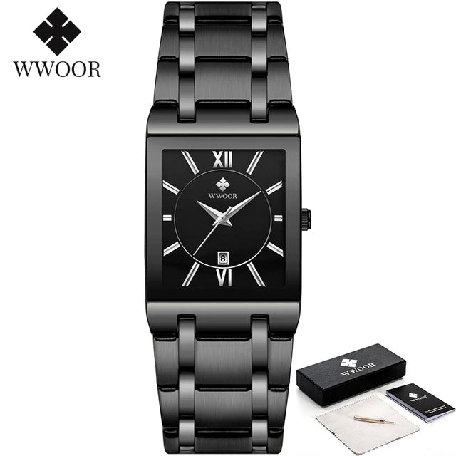 WWOOR men’s square blue dial watch with gold markers and blue steel bracelet