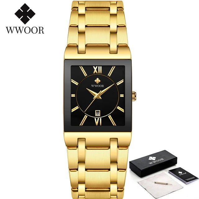 WWOOR men’s square blue dial watch with gold markers and blue steel bracelet