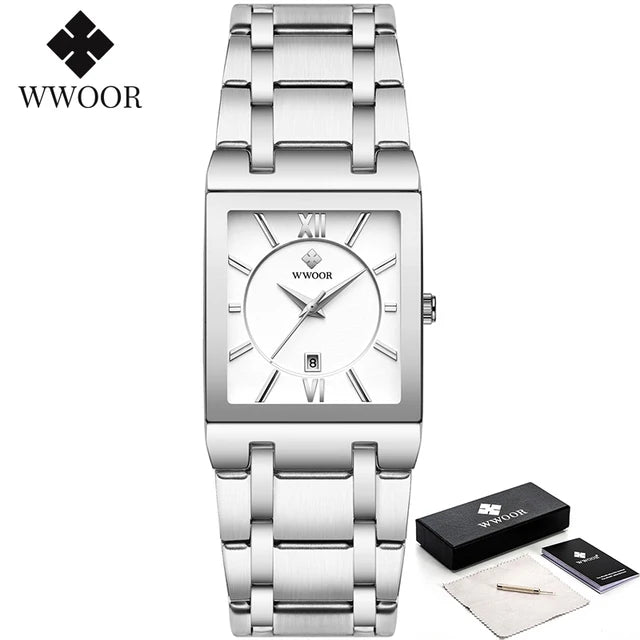 WWOOR men’s square blue dial watch with gold markers and blue steel bracelet