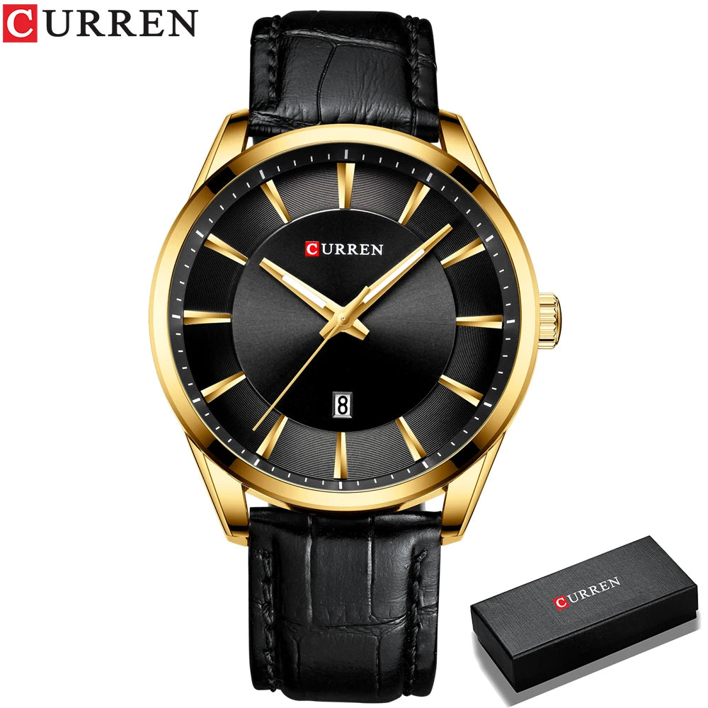 Curren classic black dial men’s watch with silver stainless case and leather strap