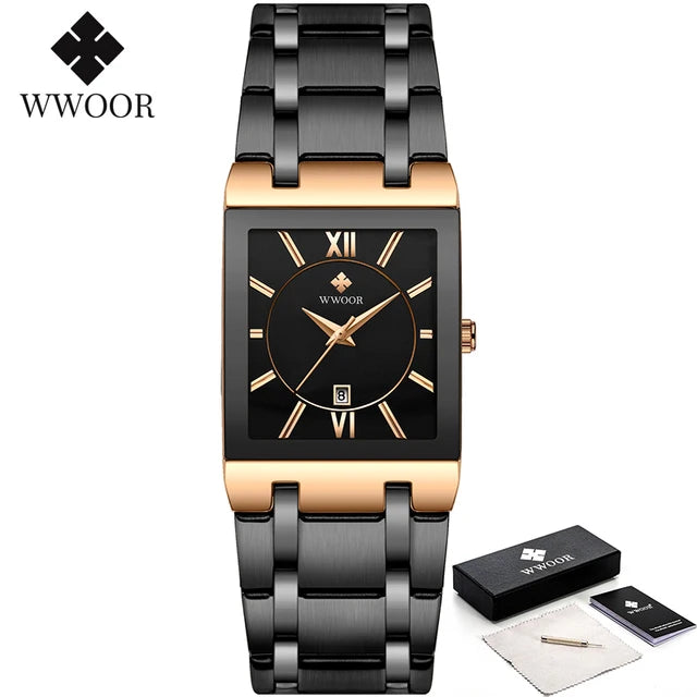 WWOOR men’s square blue dial watch with gold markers and blue steel bracelet