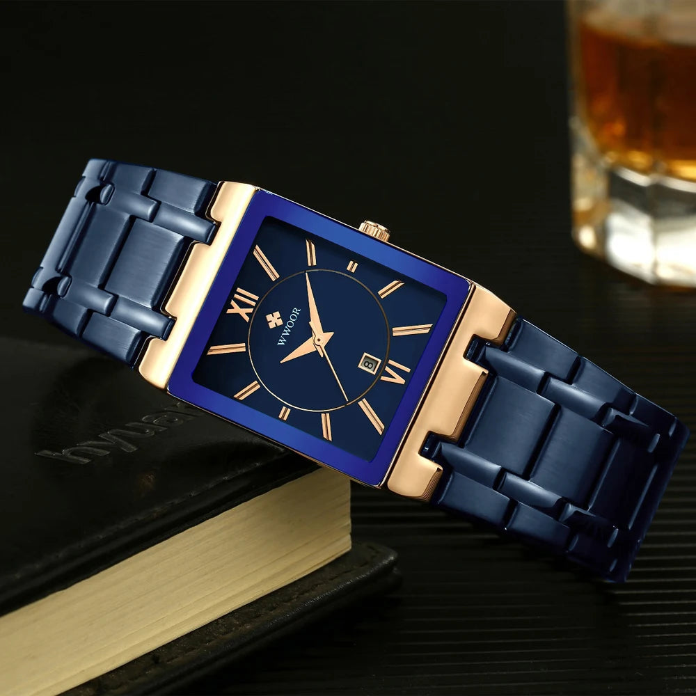WWOOR men’s square blue dial watch with gold markers and blue steel bracelet