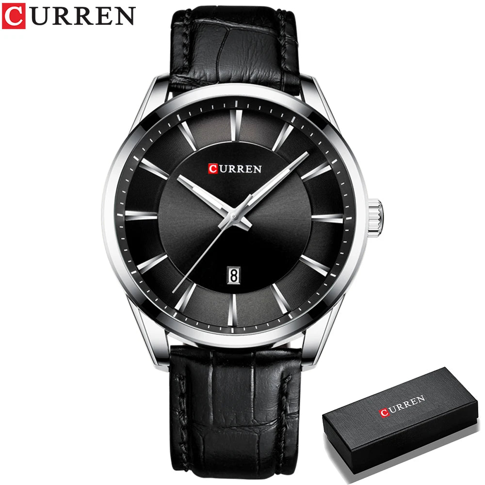 Curren classic black dial men’s watch with silver stainless case and leather strap