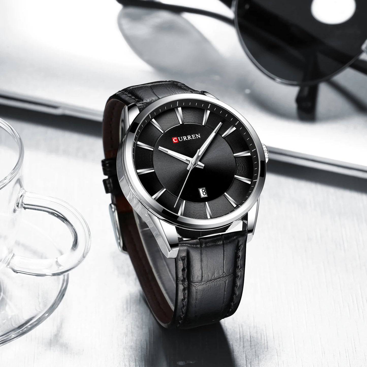Curren classic black dial men’s watch with silver stainless case and leather strap