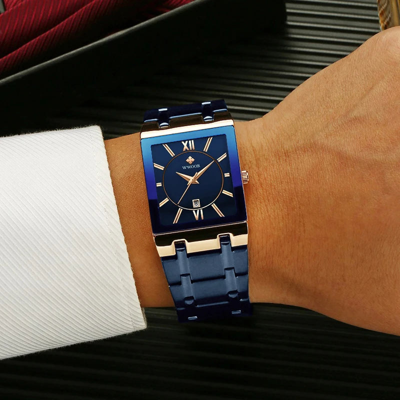 WWOOR men’s square blue dial watch with gold markers and blue steel bracelet