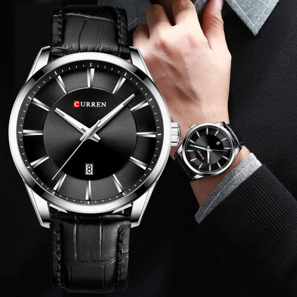 Curren classic black dial men’s watch with silver stainless case and leather strap