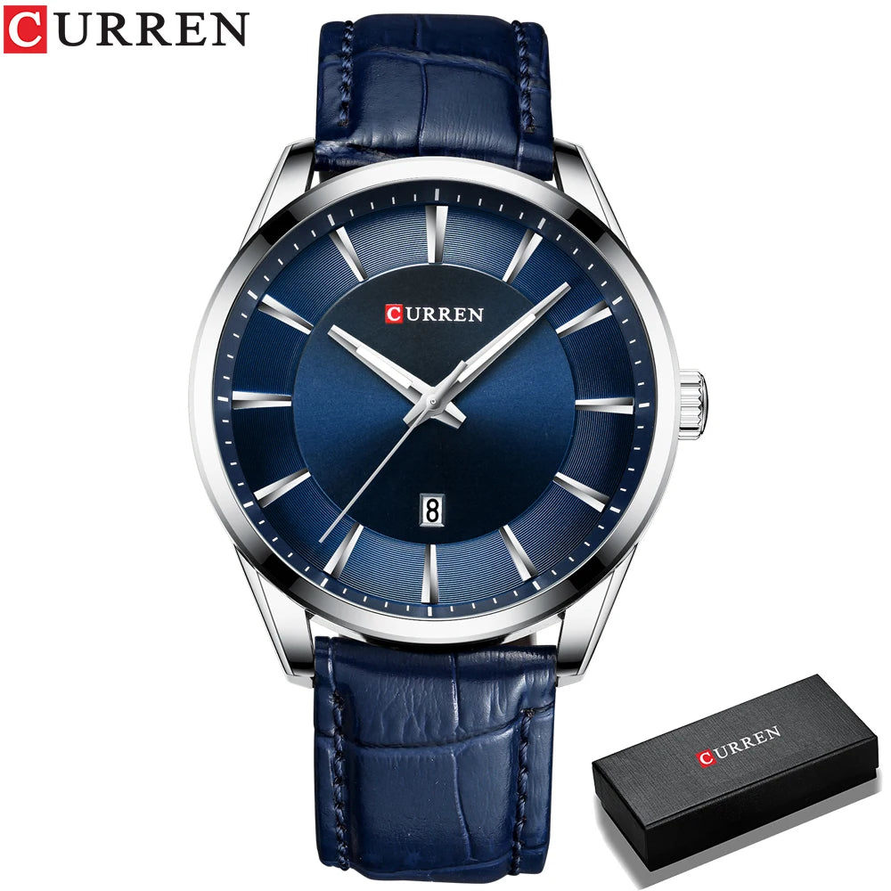 Curren classic black dial men’s watch with silver stainless case and leather strap