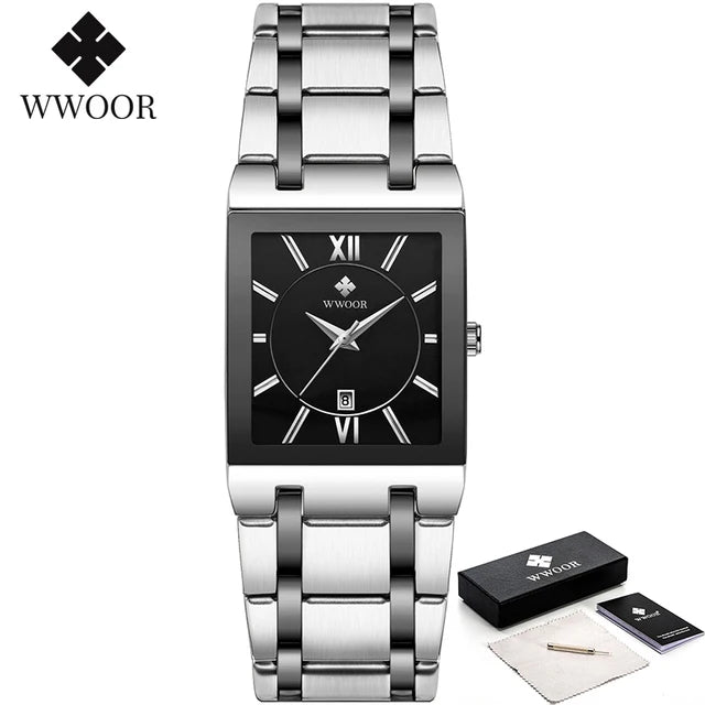 WWOOR men’s square blue dial watch with gold markers and blue steel bracelet