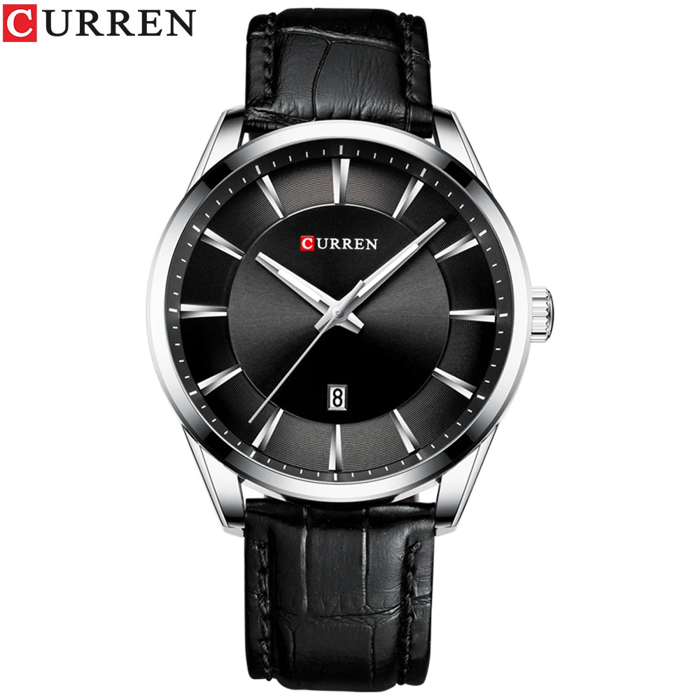 Curren classic black dial men’s watch with silver stainless case and leather strap