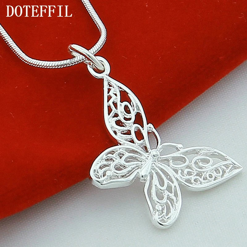 Sterling silver butterfly pendant necklace with filigree charm”