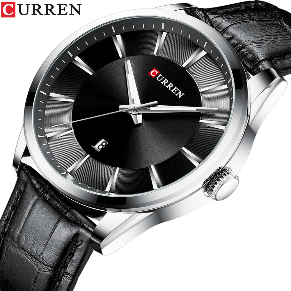 Curren classic black dial men’s watch with silver stainless case and leather strap