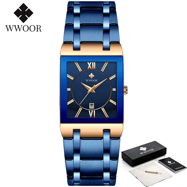 WWOOR men’s square blue dial watch with gold markers and blue steel bracelet