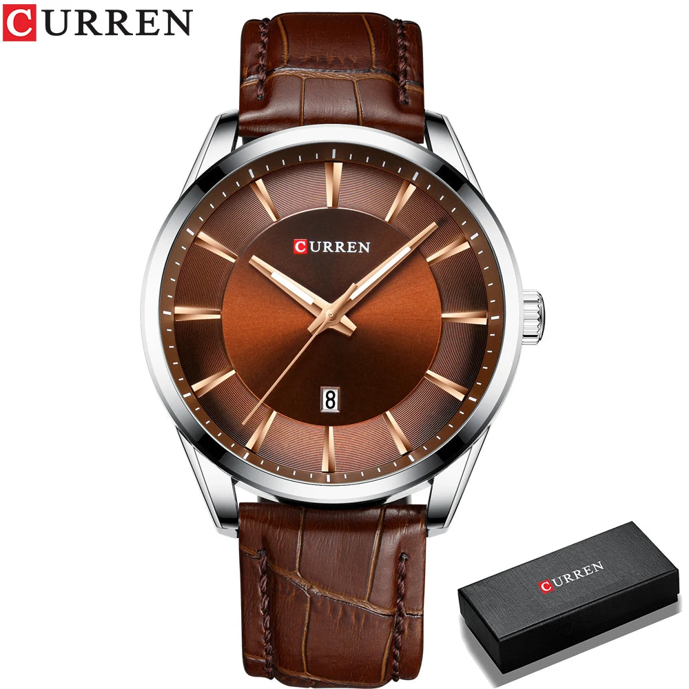 Curren classic black dial men’s watch with silver stainless case and leather strap