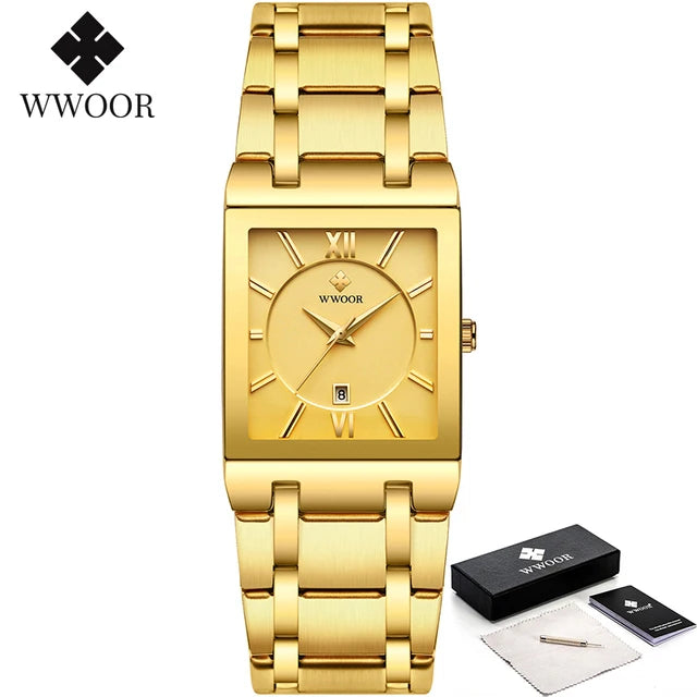 WWOOR men’s square blue dial watch with gold markers and blue steel bracelet
