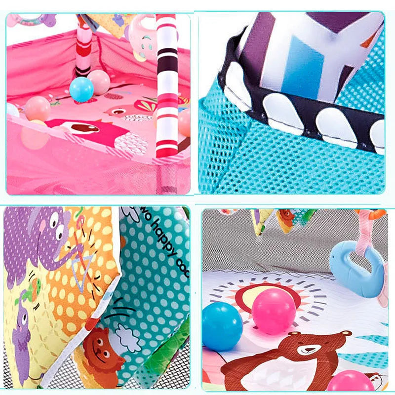 “Baby activity gym mat with hanging toys and soft play area”