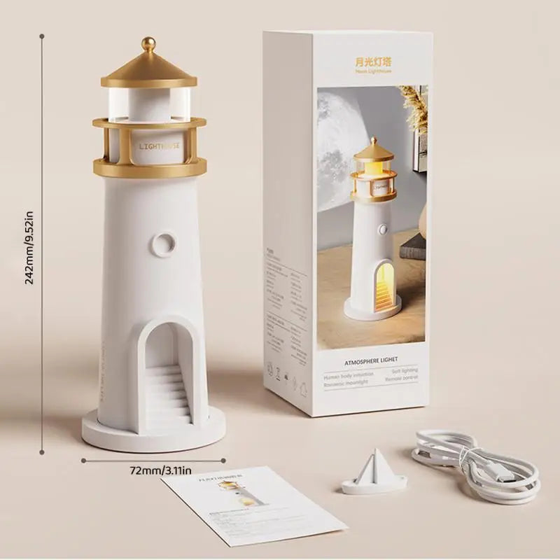 Lighthouse lamp and 3D moon night light on bedside table with vase and book