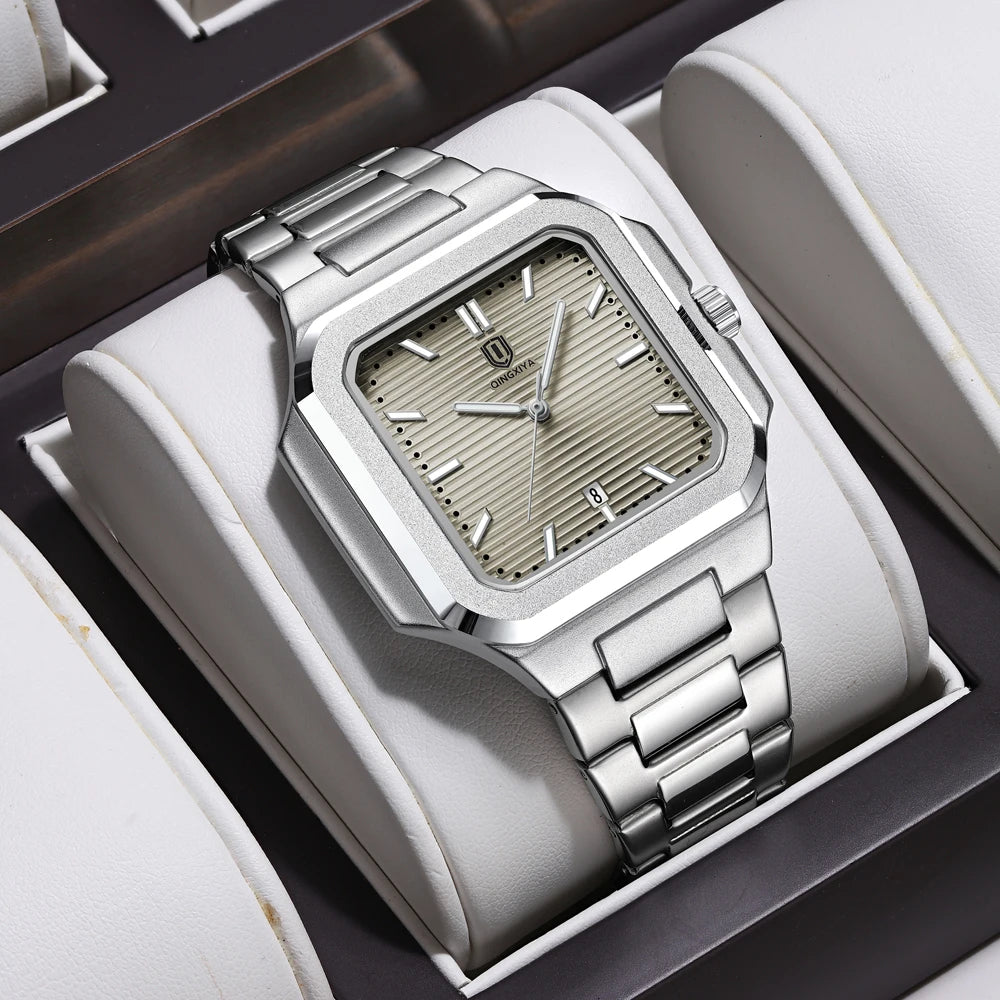 Modern men’s square stainless steel watch with textured dial and link bracelet