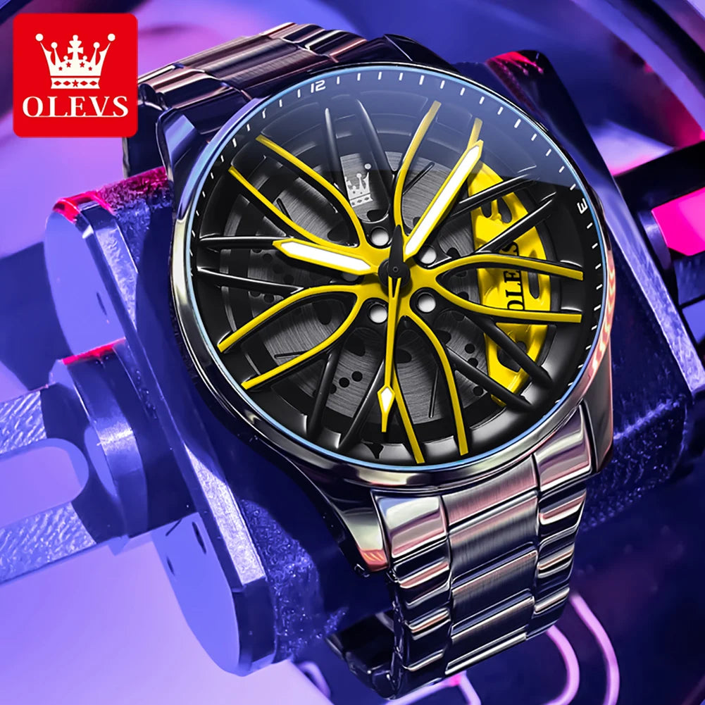OLEVS men’s green skeleton wheel watch with black stainless bracelet and futuristic luminous dial”