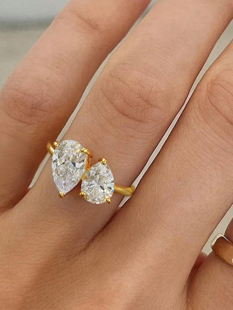 Sterling silver adjustable ring with double teardrop crystals