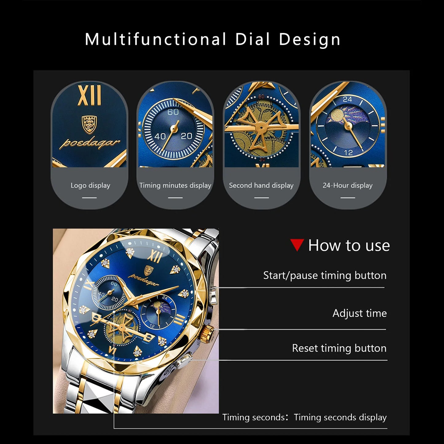 Pagani Design men’s blue dial chronograph watch with gold and silver steel bracelet