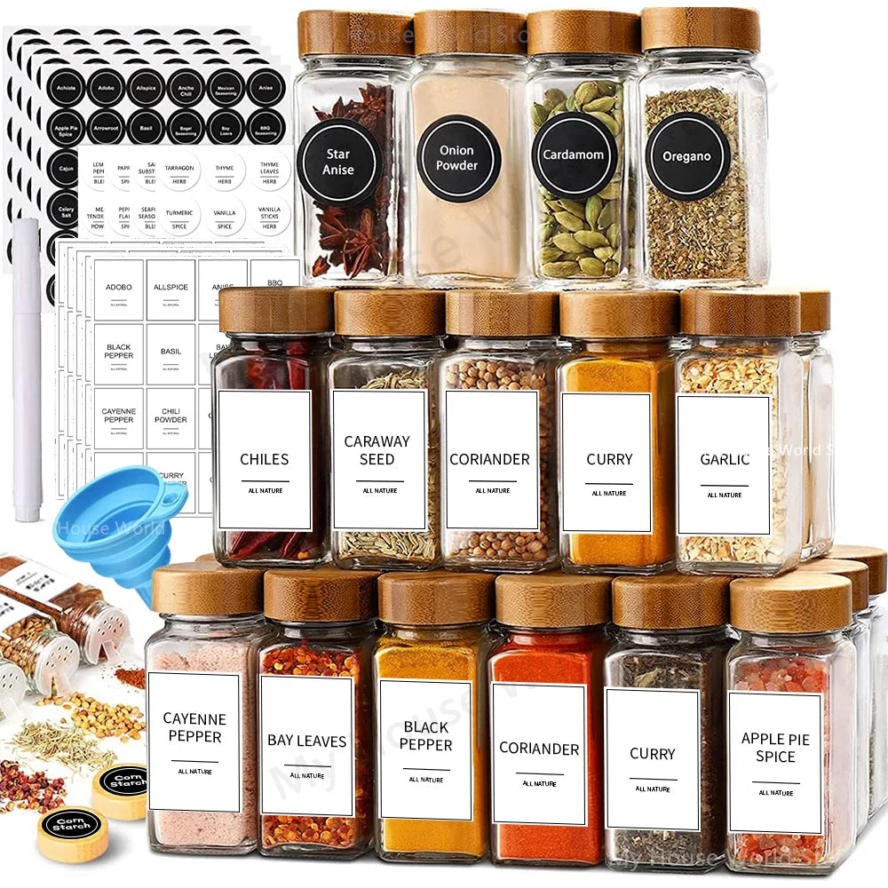 Premium Glass Spice Jars Set with Bamboo Lids & Labels