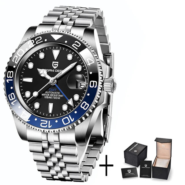 Pagani Design Pepsi GMT automatic men’s watch, red-blue bezel, black dial, Jubilee steel bracelet