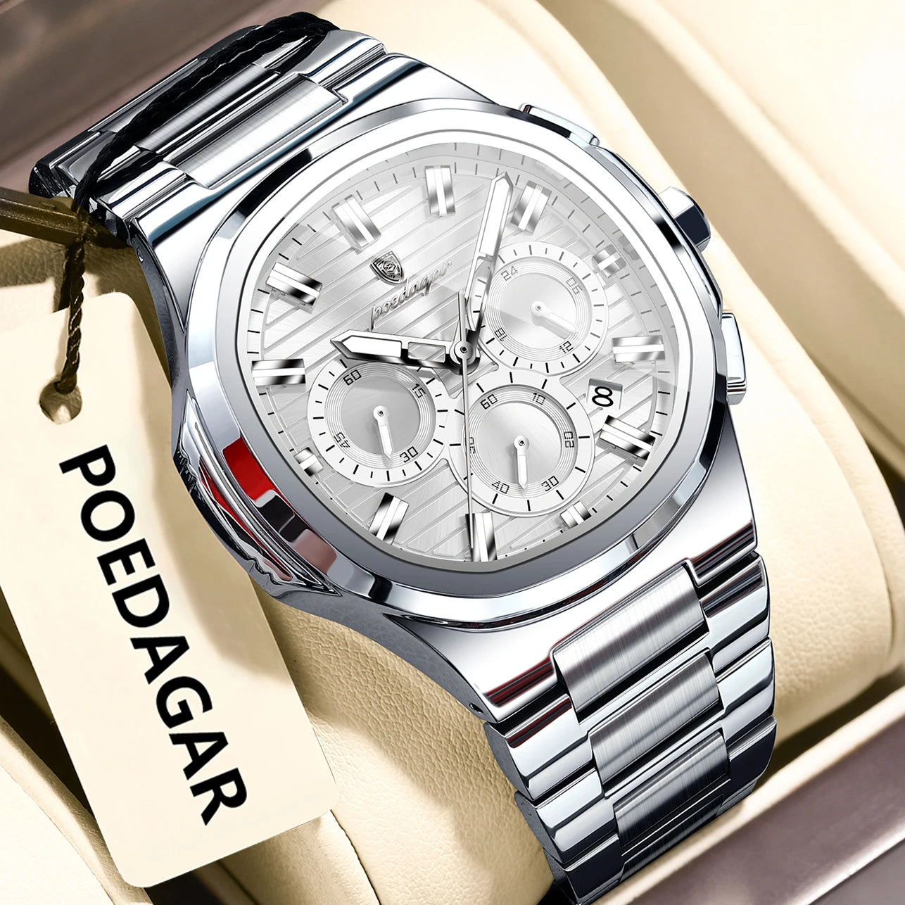 Luxury men’s blue chronograph watch with stainless steel bracelet, sporty dial, and multi-subdial features”