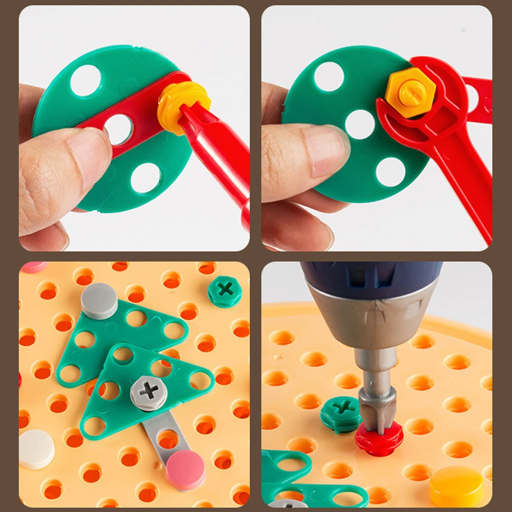 Bear design kids’ STEM drill set with colorful building pieces and case