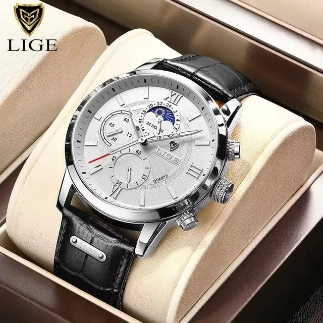 “LIGE rose gold chronograph watch, white dial, brown leather strap, moonphase subdial, formal men’s style