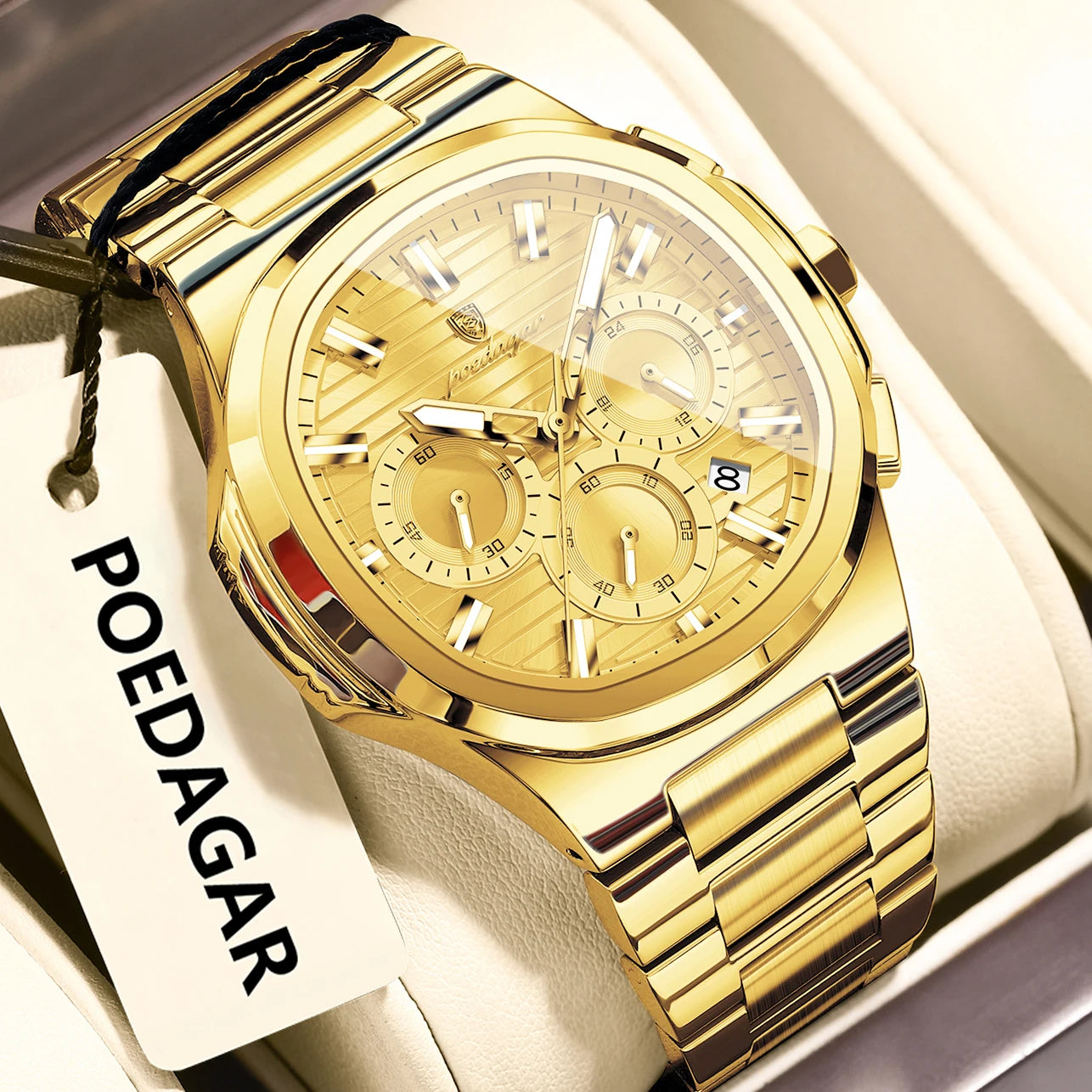 Luxury men’s blue chronograph watch with stainless steel bracelet, sporty dial, and multi-subdial features”