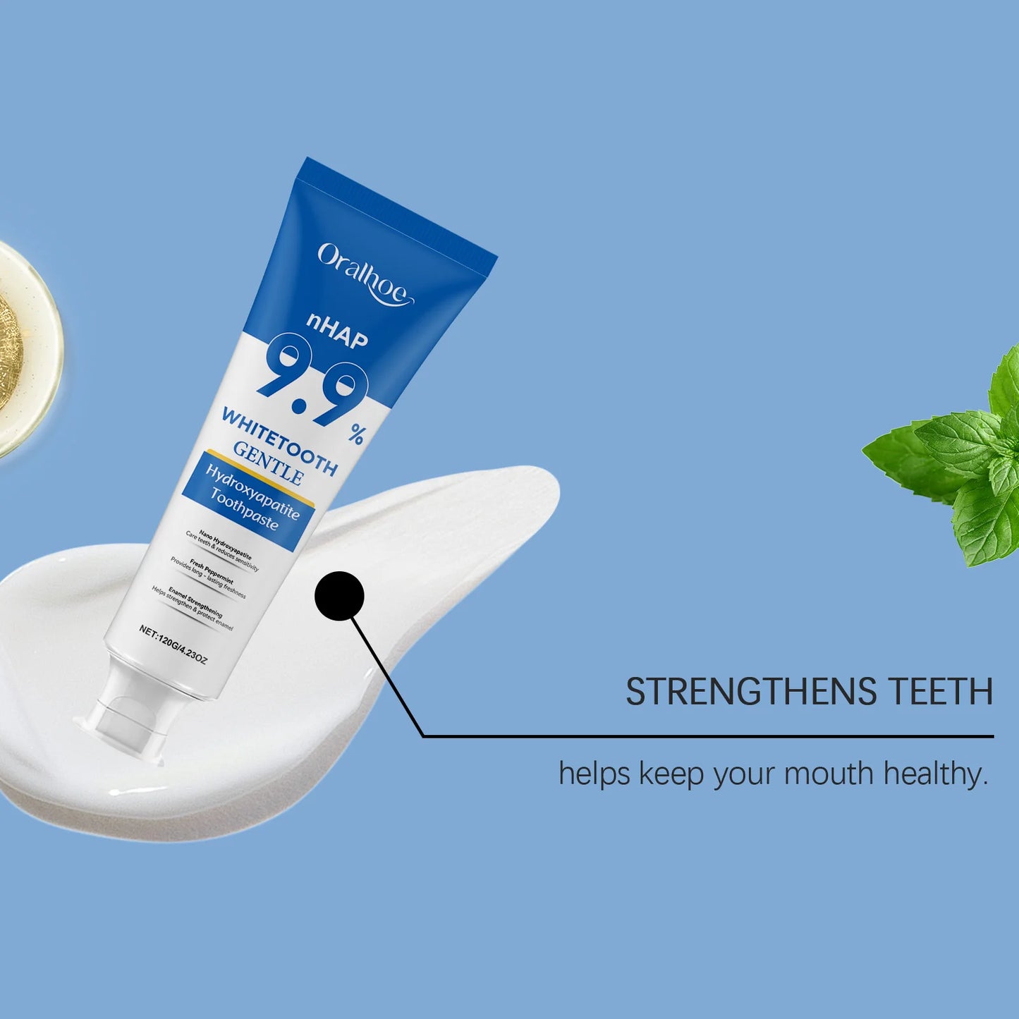 Oralhoe nHAP 9.9% hydroxyapatite toothpaste box and tube mint fresh gentle whitening