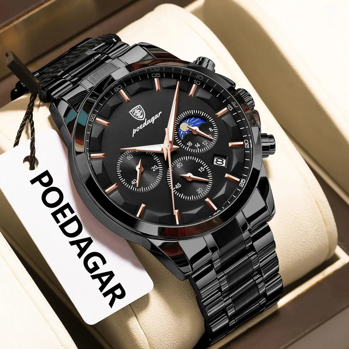 PAGANI DESIGN luxury black chronograph men’s watch with moon phase and subdials