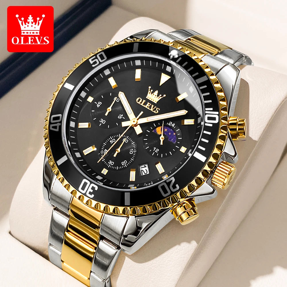 OLEVS chronograph dive watch collection in gold, silver, black, green, and blue with mixed steel bracelets