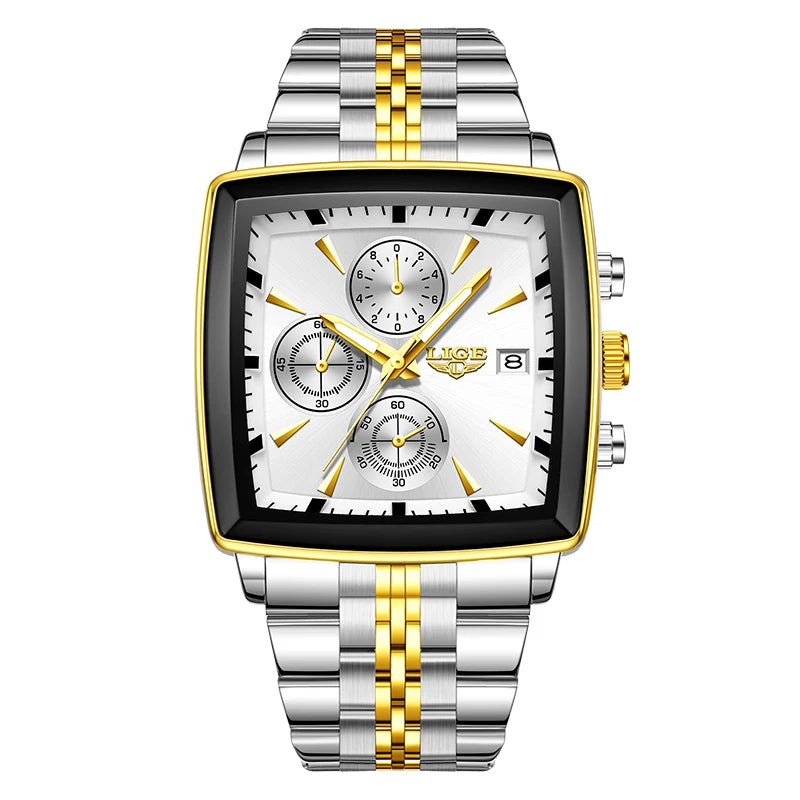 Luxury men’s square chronograph watch with black dial, gold case, and two-tone stainless steel bracelet”
