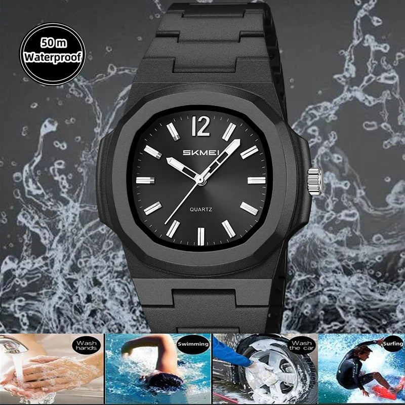 stainless steel octagonal men’s watch with minimalist black dial