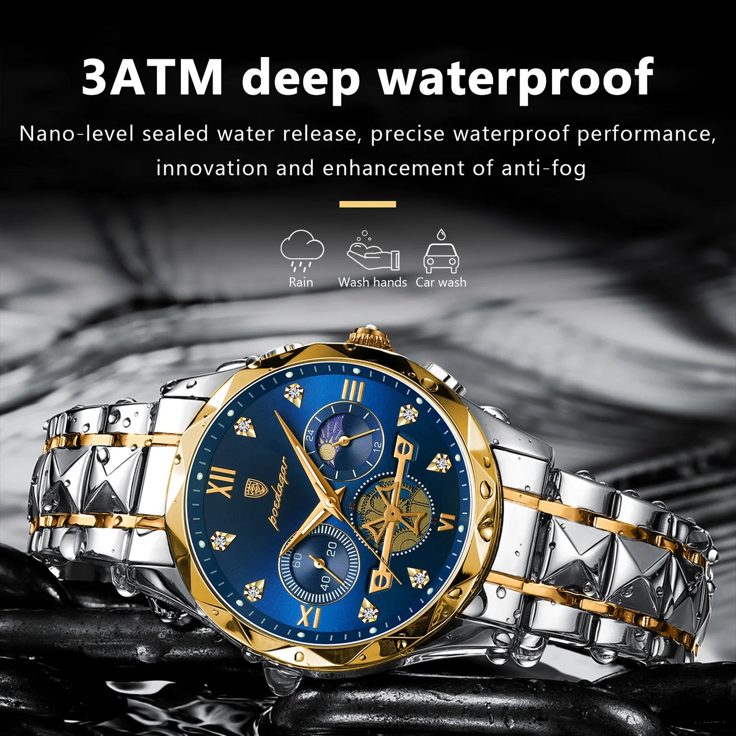 Pagani Design men’s blue dial chronograph watch with gold and silver steel bracelet