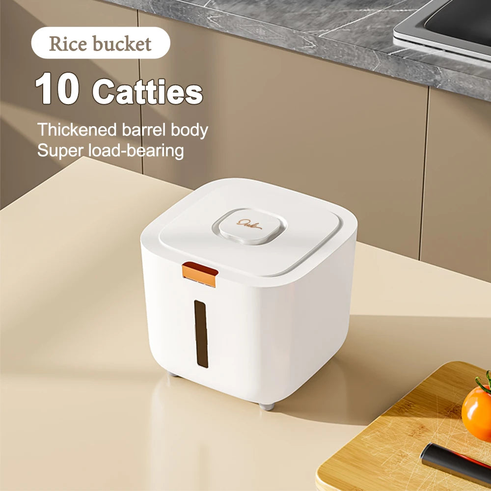 Sealed kitchen rice and grain storage container with moisture absorber and clear window