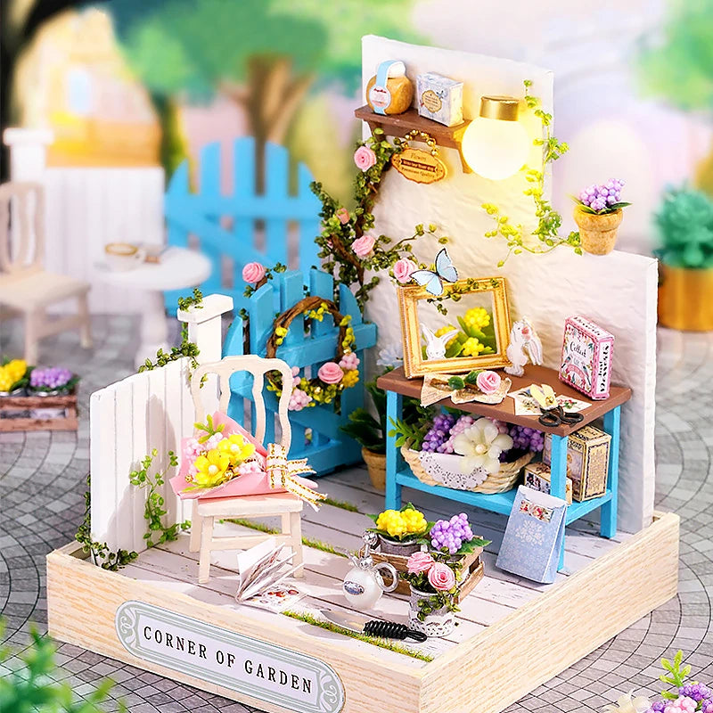 DIY wooden miniature dollhouse craft kit with furniture and lights