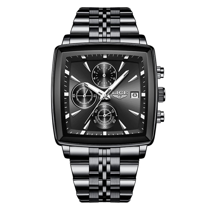 Luxury men’s square chronograph watch with black dial, gold case, and two-tone stainless steel bracelet”