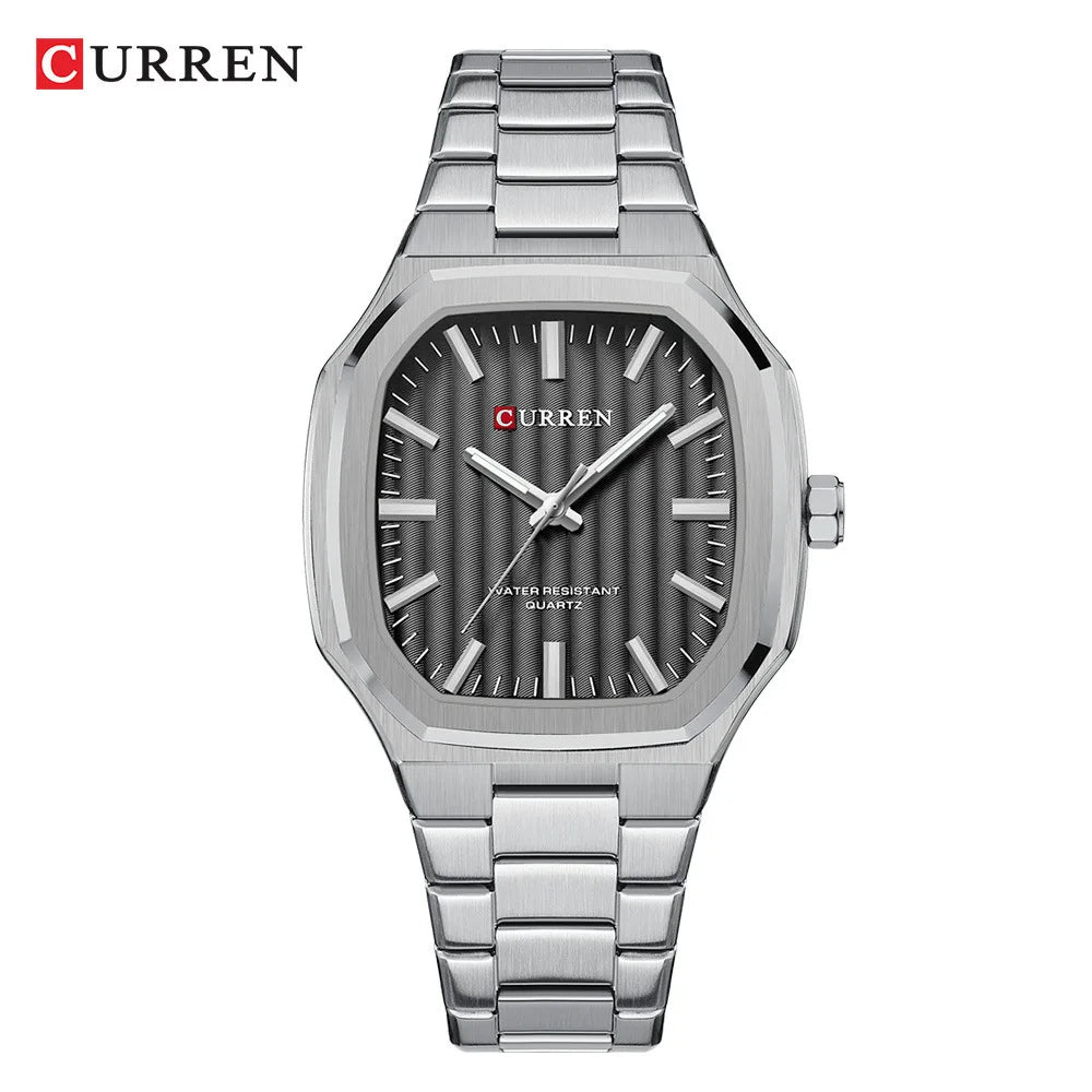 CURREN men’s luxury stainless steel octagonal watch with blue textured dial