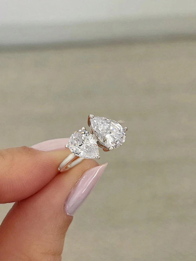 Sterling silver adjustable ring with double teardrop crystals