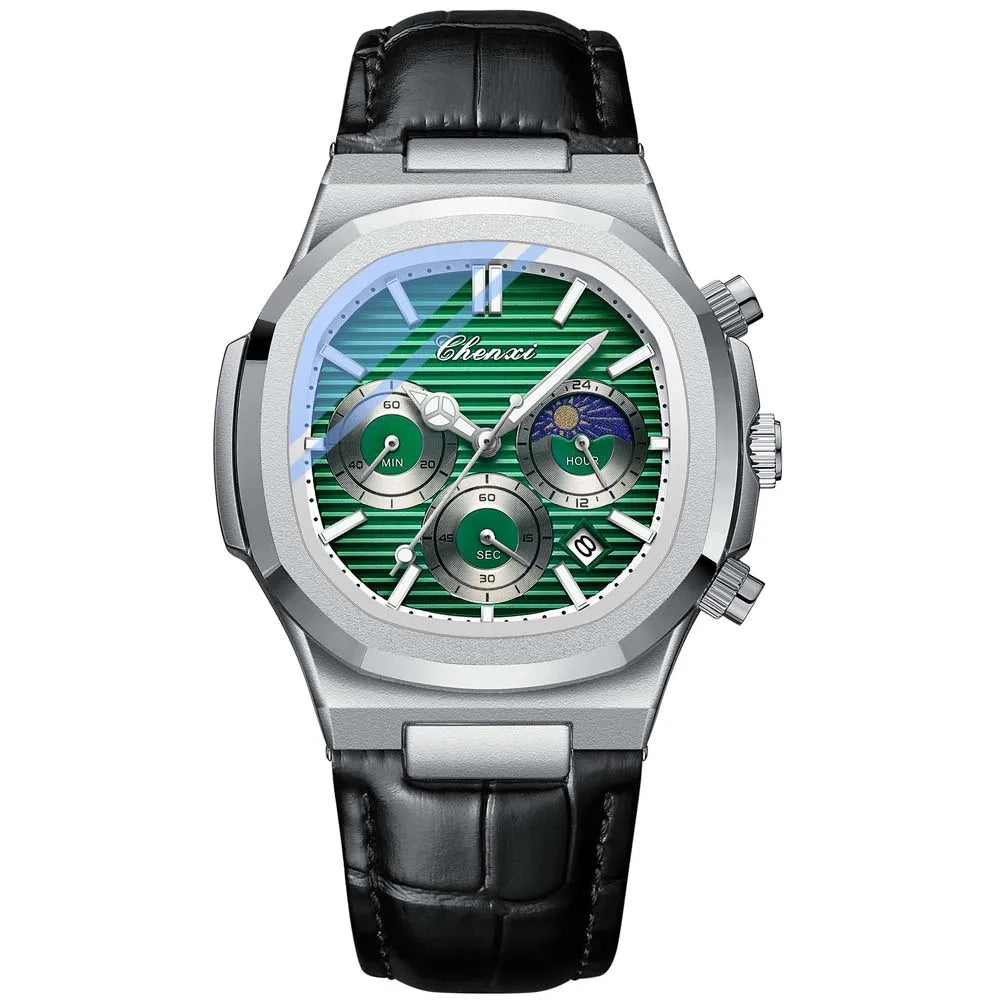 Ekonai blue chronograph watch, silver stainless steel bracelet, textured blue dial, multi-subdials
