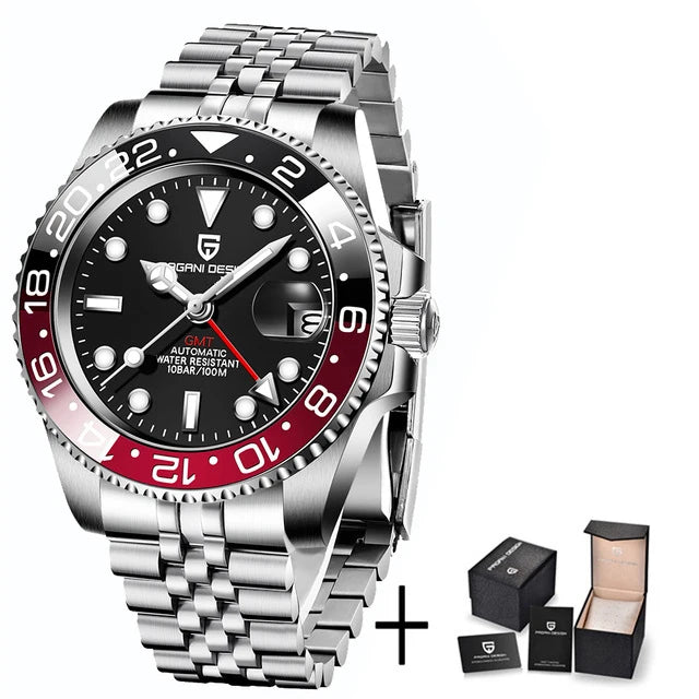Pagani Design Pepsi GMT automatic men’s watch, red-blue bezel, black dial, Jubilee steel bracelet