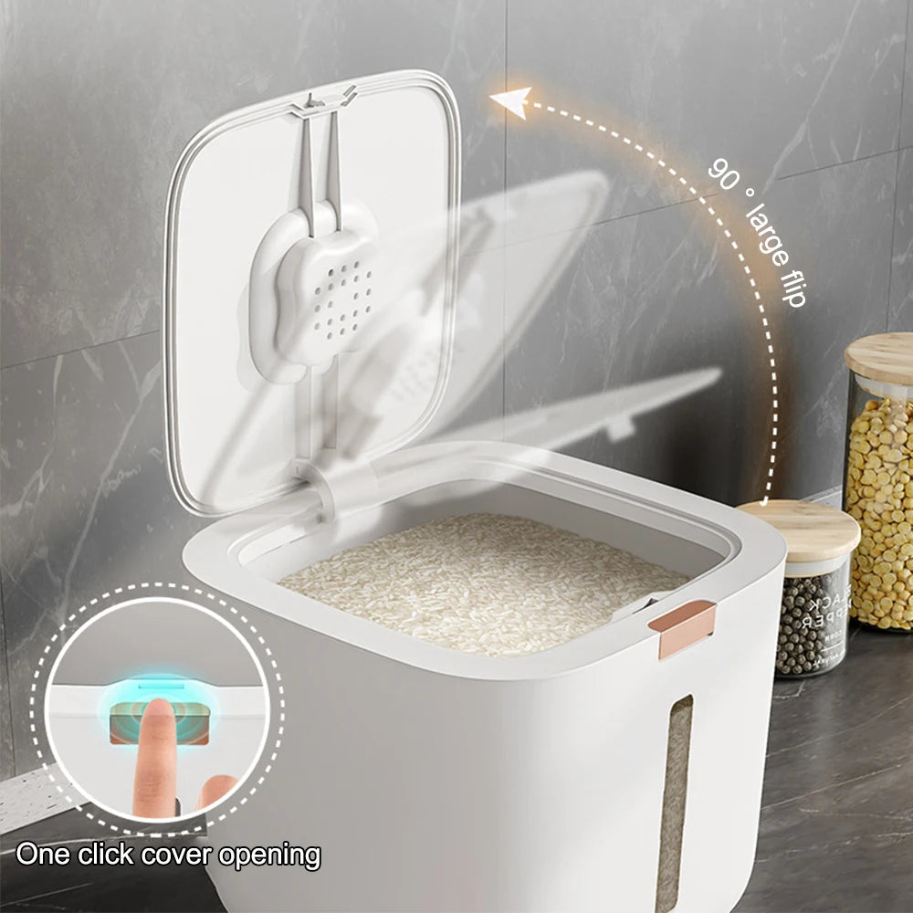 Sealed kitchen rice and grain storage container with moisture absorber and clear window